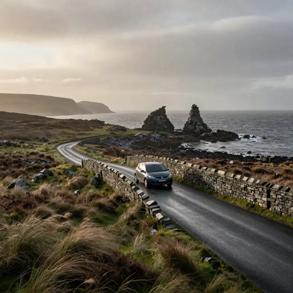 Compact car crosses a narrow Scottish coast bridge beneath sea stacks as cloud shadow sweeps the moor.