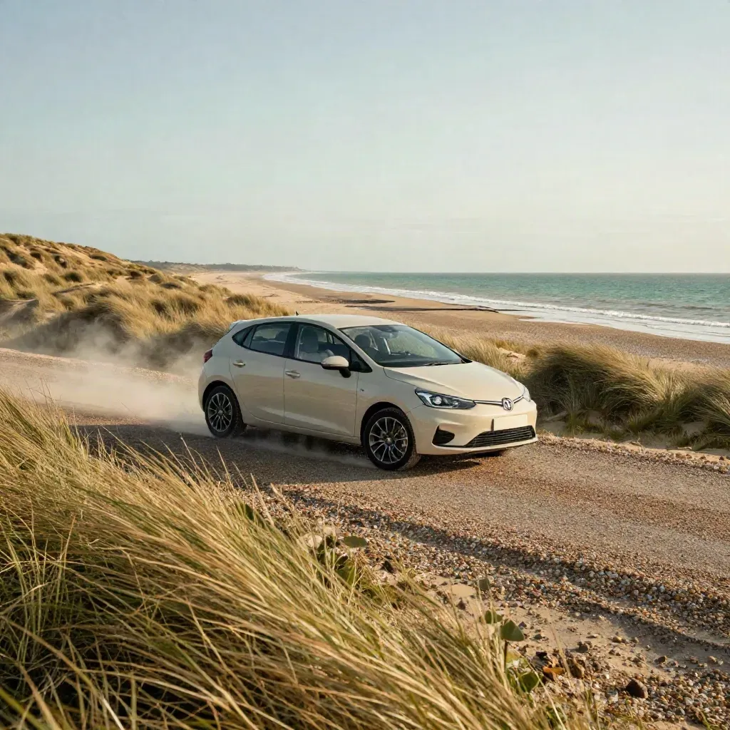Compact car on a windy Norfolk Coast shingle road beside dunes and marsh haze.