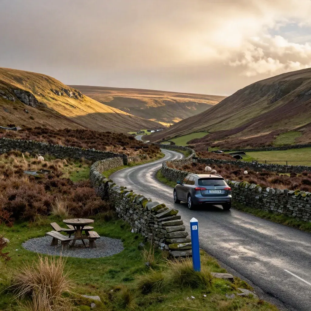 Car enters a stone-edged Peak District valley beside a tiny picnic pull-in under shifting clouds.