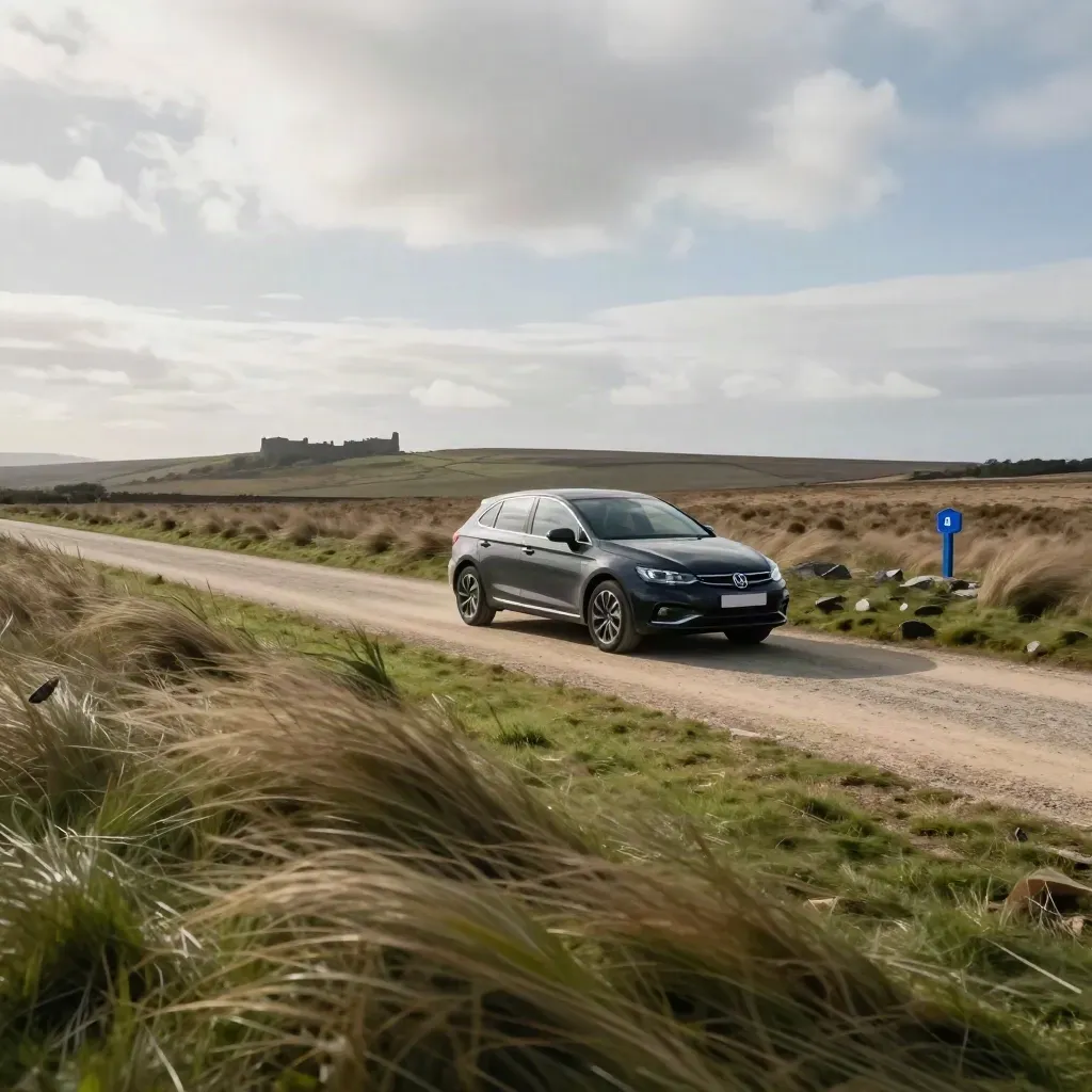 Car crossing Northumberland heath toward a distant castle under racing clouds and wind-blown grass.