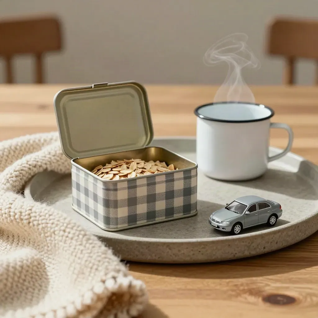 Checked picnic tin with blanket, enamel cup, and toy car on a stone tray