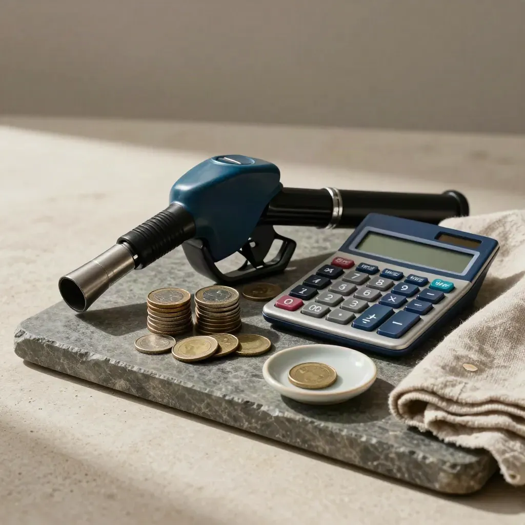 Fuel nozzle cap, coins and a calculator on a stone tray in soft side light.